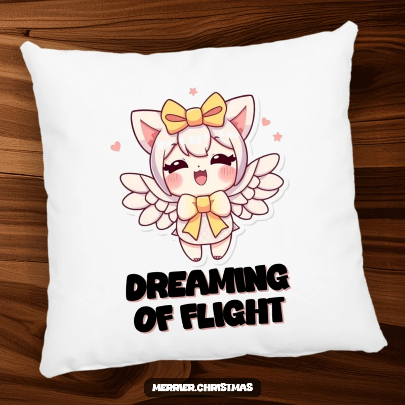 Funny gift bow pillow, a character with a gift bow enthusiastically sprouting wings, adding cozy inspiration.