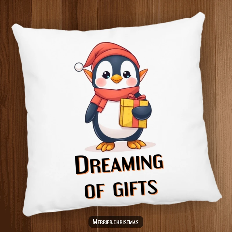 Funny elf penguin pillow, dressed as a holiday elf, holding a wrapped gift, adding festive comfort and cuteness to any room.