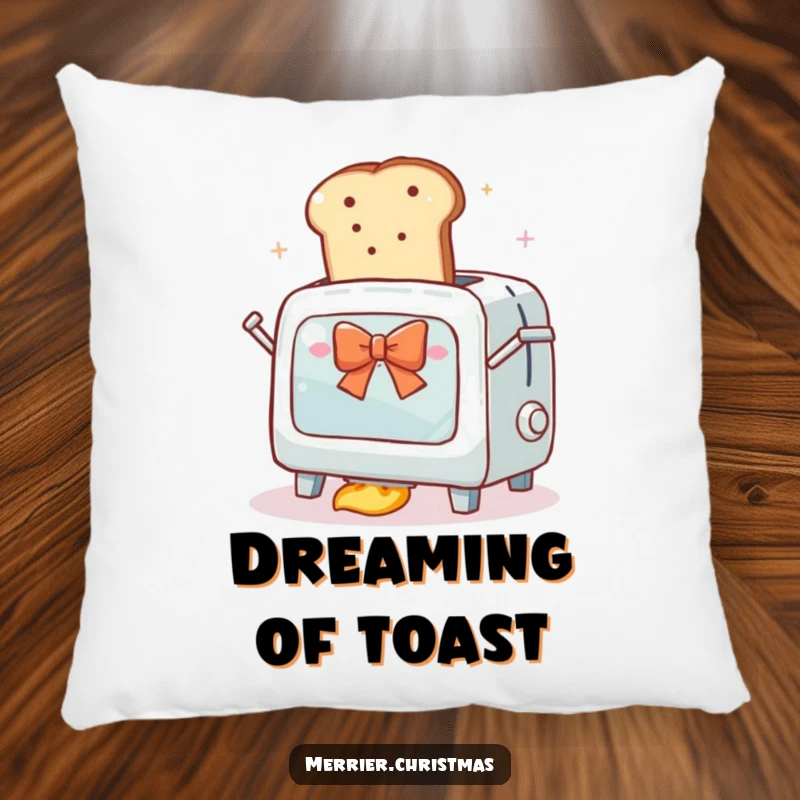 Funny pillow design of an enthusiastic toaster oven launching a slice of bread with a festive bow into orbit, perfect for cozy laughs.