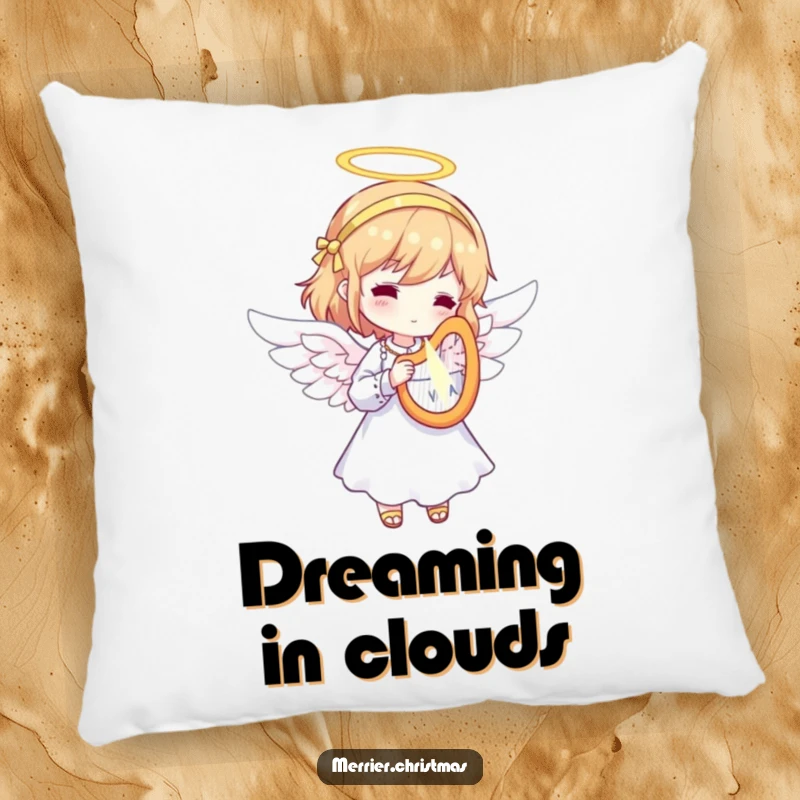 Funny Angel Harp Pillow with a character dressed as an angel, playing a tiny, radiant harp, offering plush comfort and divine humor.