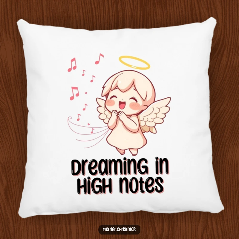 Funny kawaii angel pillow featuring a singing angel with a joyful expression and flowing music notes, a cute and peaceful accent pillow.