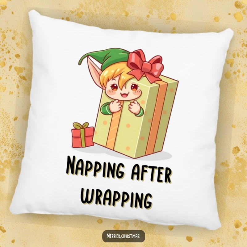 Funny pillow featuring an elf character energetically wrapping a huge present, bringing festive cheer and comfort to your home.