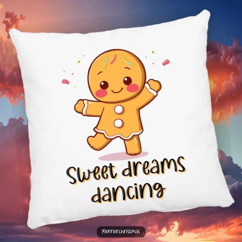 Funny Gingerbread Man Pillow with a character dancing cheerfully, covered in sprinkles, offering plush comfort and sweet holiday humor.