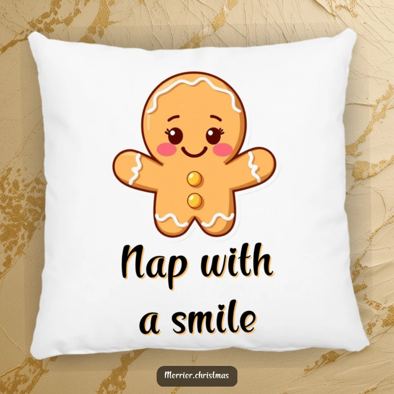 Funny gingerbread cookie man pillow with a beaming smile, bringing cozy holiday vibes, a perfect funny gift.
