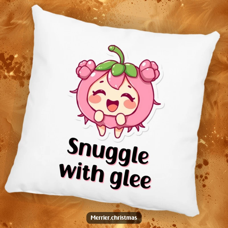 Funny holly berry character giggling with excitement, featured on a soft, decorative holiday pillow.