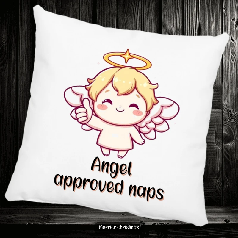 Funny pillow featuring a kawaii angel with a sparkling halo and a cheerful thumbs up, perfect for cozying up.
