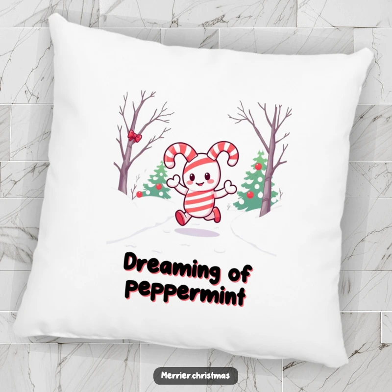 Funny pillow featuring a kawaii candy cane character happily hopping on a snowy path, adding a cute and festive element to any room.