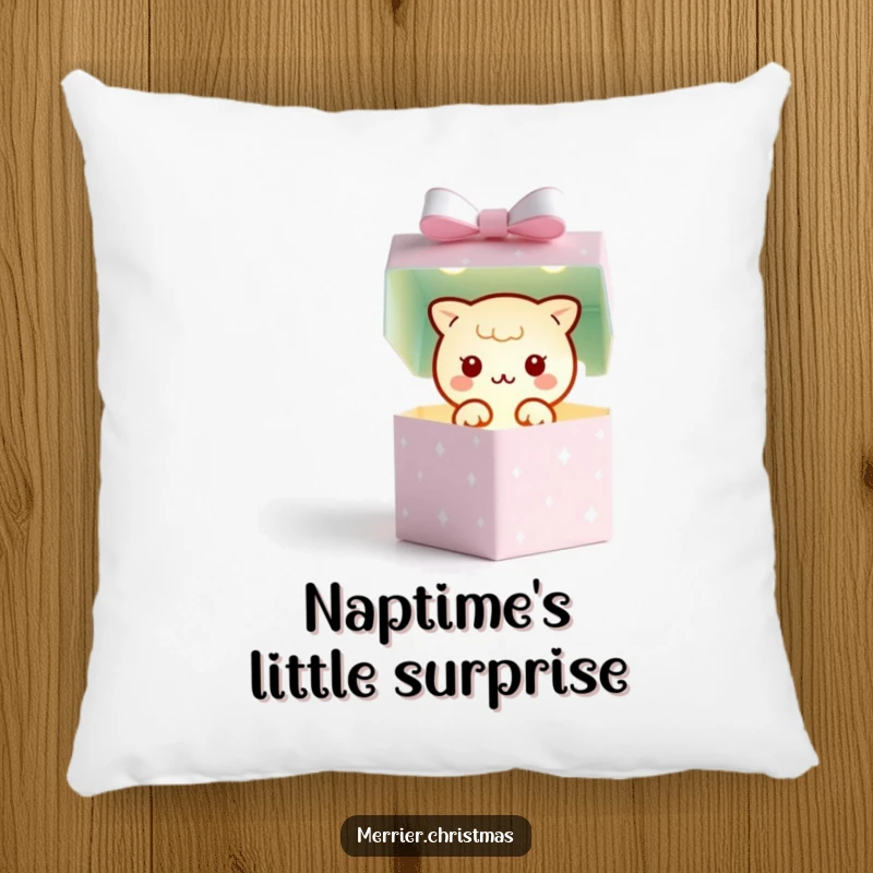 Funny pillow with a kawaii gift box character opening to reveal a glowing, twinkling light, perfect for adding cozy magic.