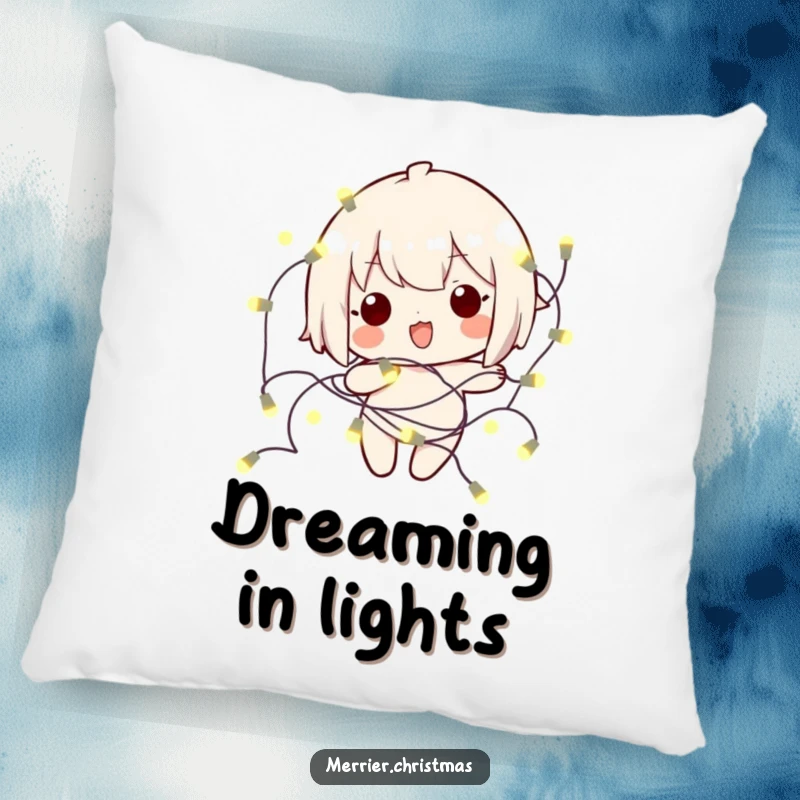 Funny kawaii character playfully entangled in glowing lights, perfect for a cozy and humorous holiday pillow.