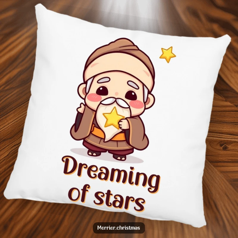 Funny pillow featuring a kawaii wise man character joyfully offering a tiny, glowing star, perfect for cozying up.