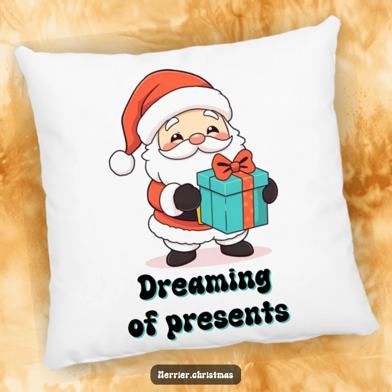 Funny pillow featuring a cute Santa Claus character with twinkling eyes, handing out gifts, designed to bring festive comfort and humorous cheer.