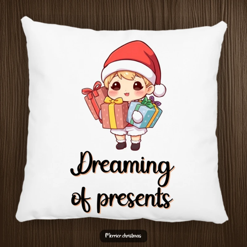 Funny pillow featuring a character in a Santa hat holding brightly wrapped gifts, perfect for adding festive comfort and humor.