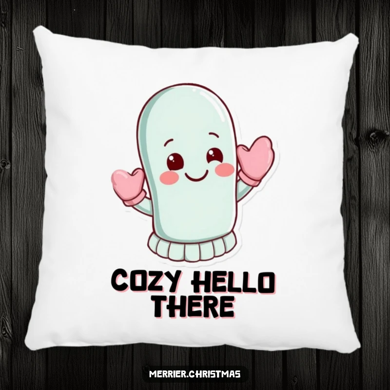 Funny Pillow: A happy mitten character waves energetically, its warm smile a comforting sight.