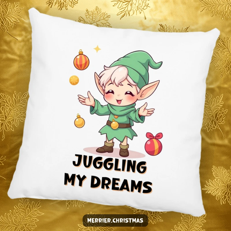 Funny pillow showcasing a delightful elf character in the act of juggling shimmering Christmas ornaments with uncontainable glee and excitement.