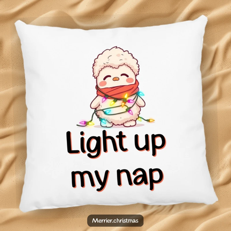 Funny pillow design of a confused, fuzzy slipper attempting to wear a string of blinking Christmas lights as a scarf.