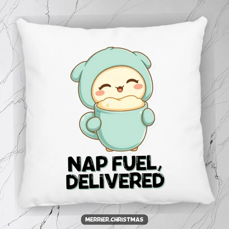 Funny kawaii character winking slyly while holding a mug of warm, frothy drink, perfect for a humorous pillow.