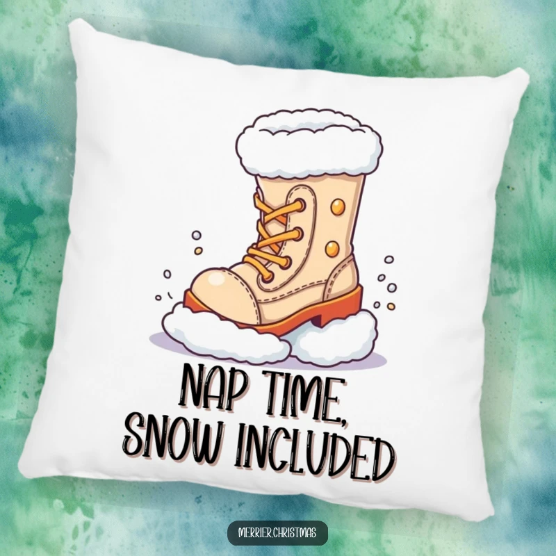 Funny Decorative Pillow, featuring a festive boot character in a hilarious pose, kicking up snow with enthusiasm.