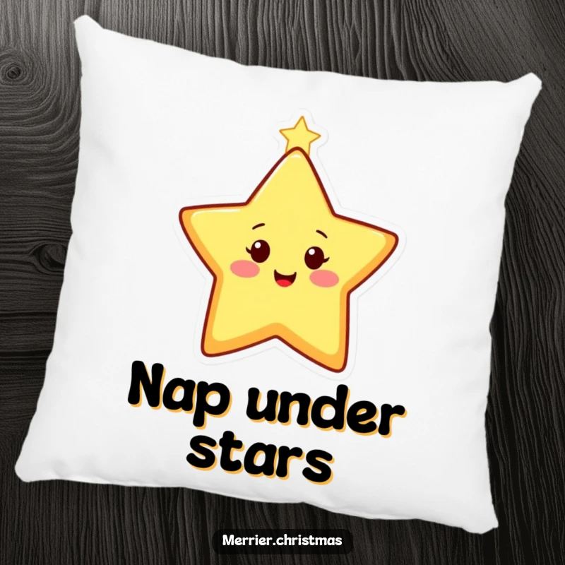 Funny Pillow featuring a happy, stylized Christmas star character twinkling brightly, offering comfort and festive charm.