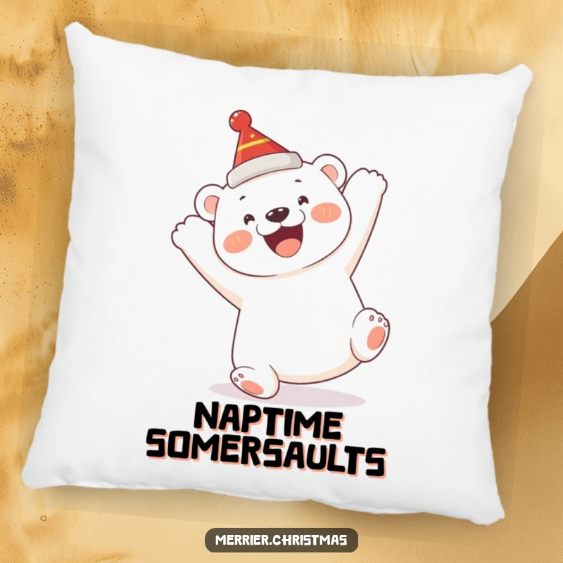 Funny Polar Bear Cub Pillow: a soft plush pillow featuring a happy cub humorously doing a somersault, wearing a festive hat.