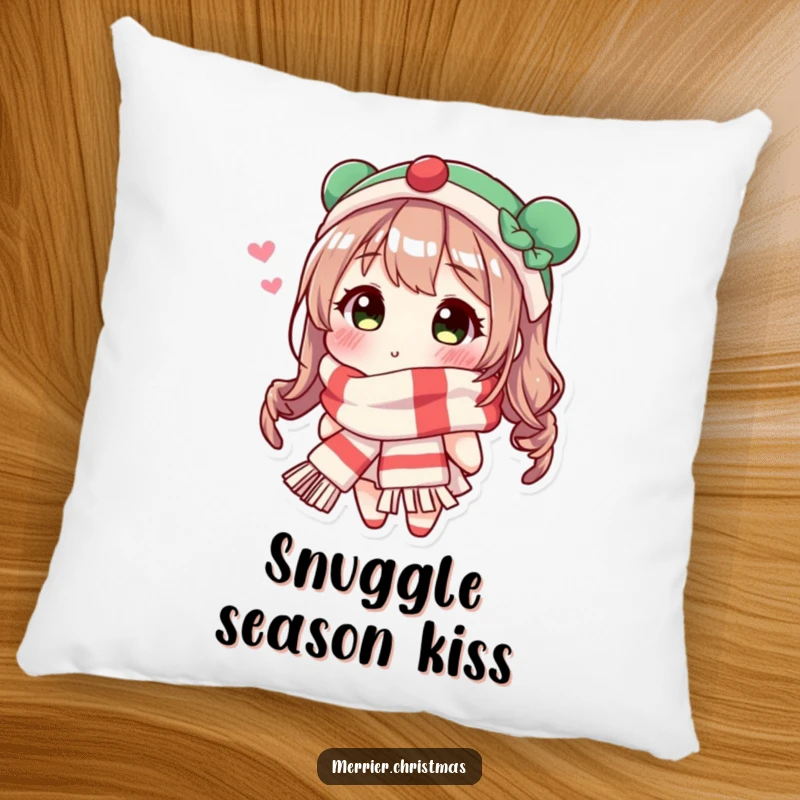 Funny Festive Scarf Kiss Pillow designed with a character in a holiday scarf blowing a kiss, perfect for cozying up.