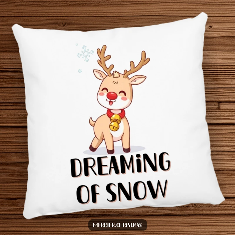 Funny Jingle Bell Reindeer Pillow: a soft plush pillow featuring a cute reindeer humorously tossing a snowflake, with a jingle bell collar.