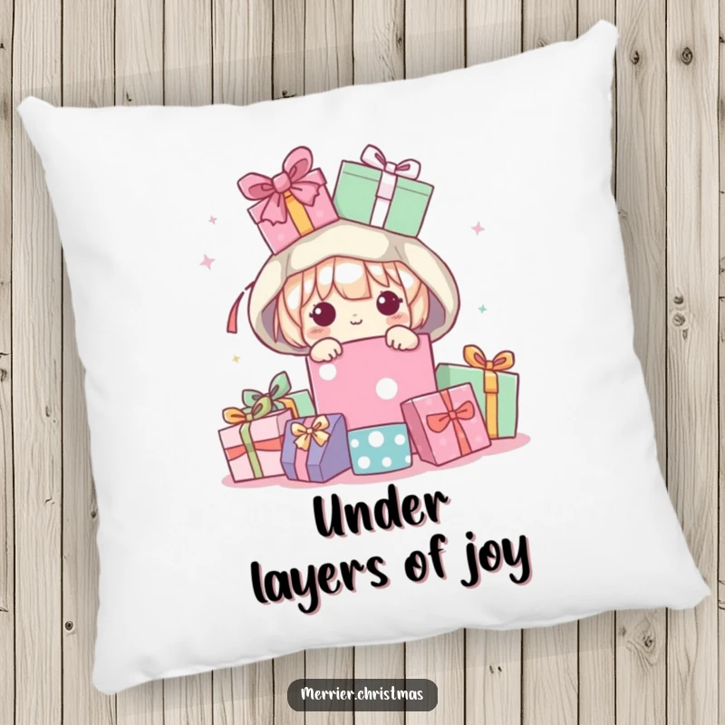 Funny Pillow depicting a cute kawaii character peeking from a generous pile of wrapped presents, adding a cozy and humorous touch.