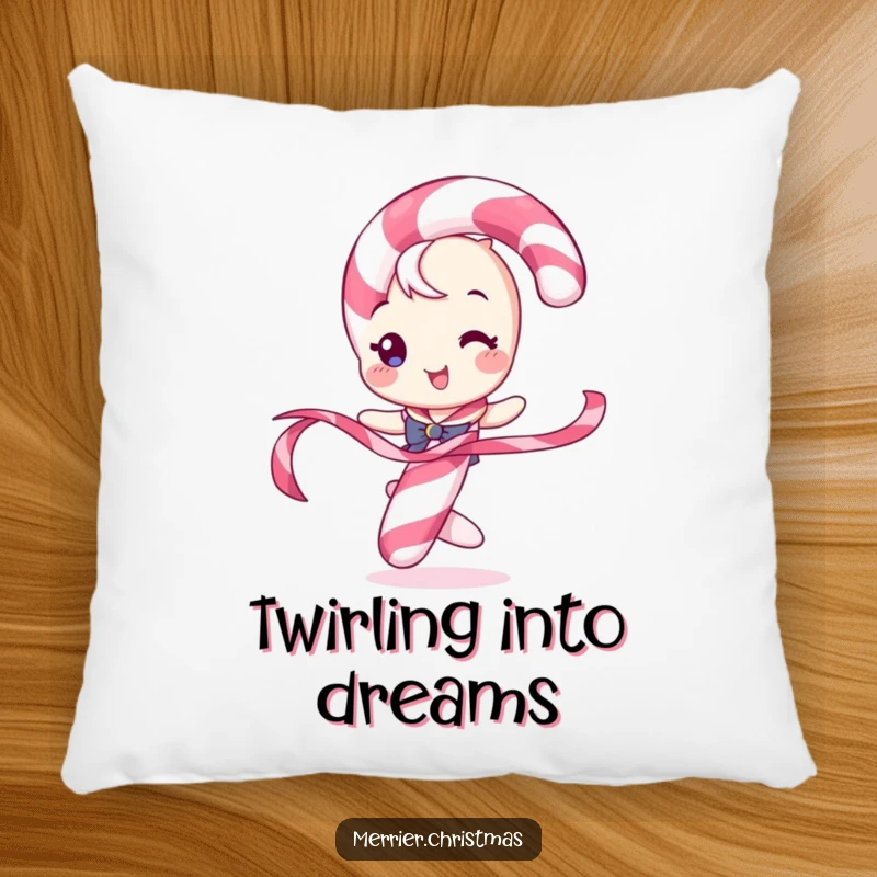 Funny pillow featuring a candy cane character playfully twirling a ribbon, bringing sweet holiday cheer and comfort.