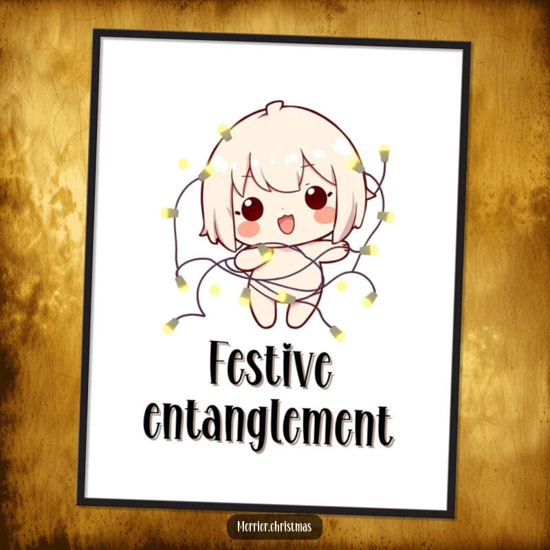 Funny kawaii character playfully tangled in a string of glowing holiday lights, a humorous and festive digital art print.