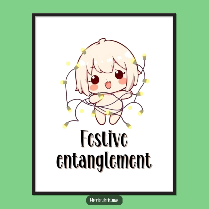 Funny Kawaii Tangled Lights Digital Art Print: Instantly Downloadable Festive Fun!