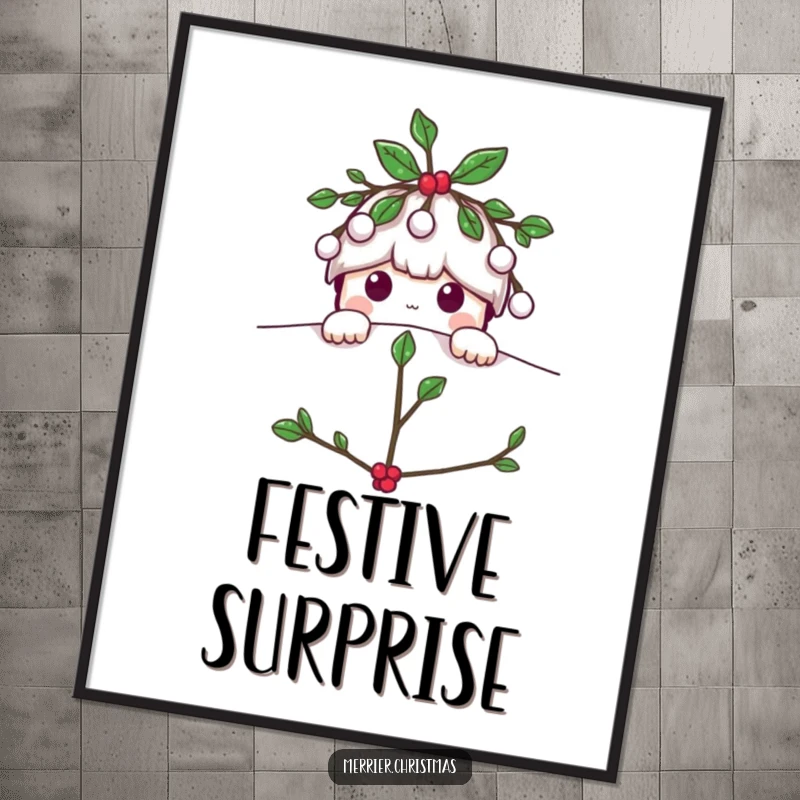 Funny Mistletoe digital art print, a cute character playfully peeking from above, adding whimsical holiday charm to any digital display.