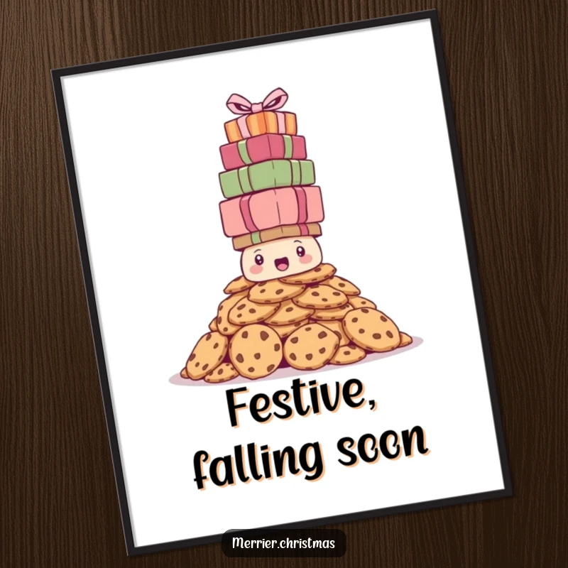 Funny digital art print of a bewildered cookie pile precariously balancing a towering stack of Christmas presents, a humorous and festive image.