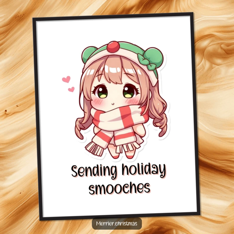 Funny Festive Scarf Kiss Digital Art Print of a character in a holiday scarf sending a kiss, perfect for instant festive decor.