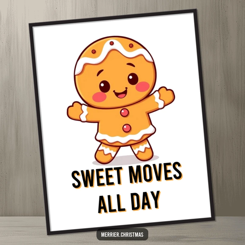Funny smiling gingerbread character digital art print, with icing, dancing happily, perfect festive wall decor.