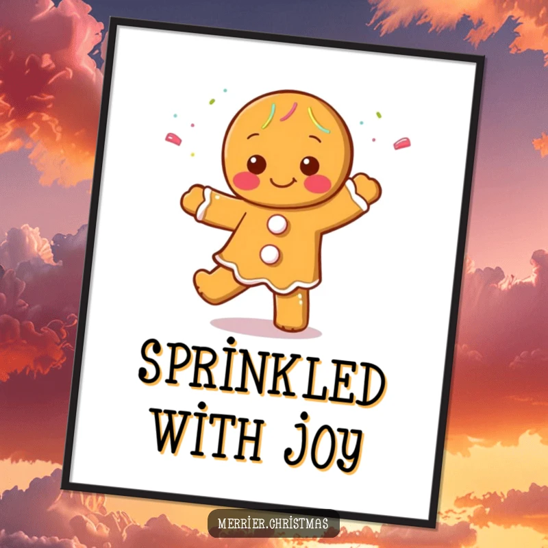 Funny Gingerbread Man Digital Art Print of a character dancing cheerfully, covered in sprinkles, perfect for festive and humorous wall art.