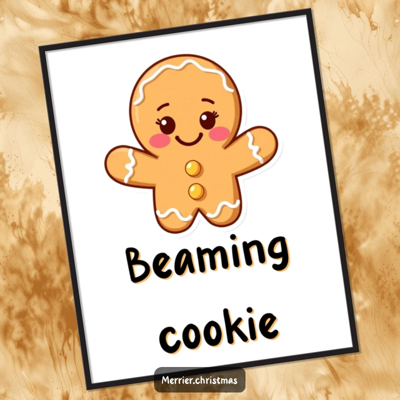 Funny gingerbread cookie man digital art print with a beaming smile, perfect for instant decor and as a funny gift.
