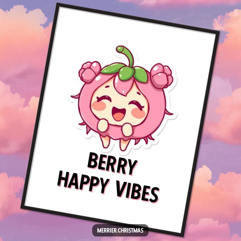 Funny holly berry character captured giggling with excitement, available as a downloadable digital art print.