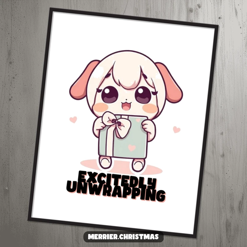 Funny Digital Art Print: a kawaii character shaking a wrapped gift with eyes wide, full of playful excitement.