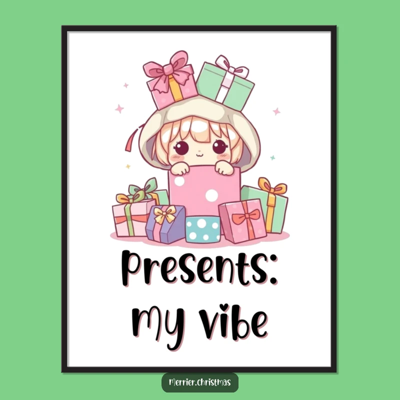 Funny Kawaii Peeking Present Pile Digital Print, Instant Joyful Art!