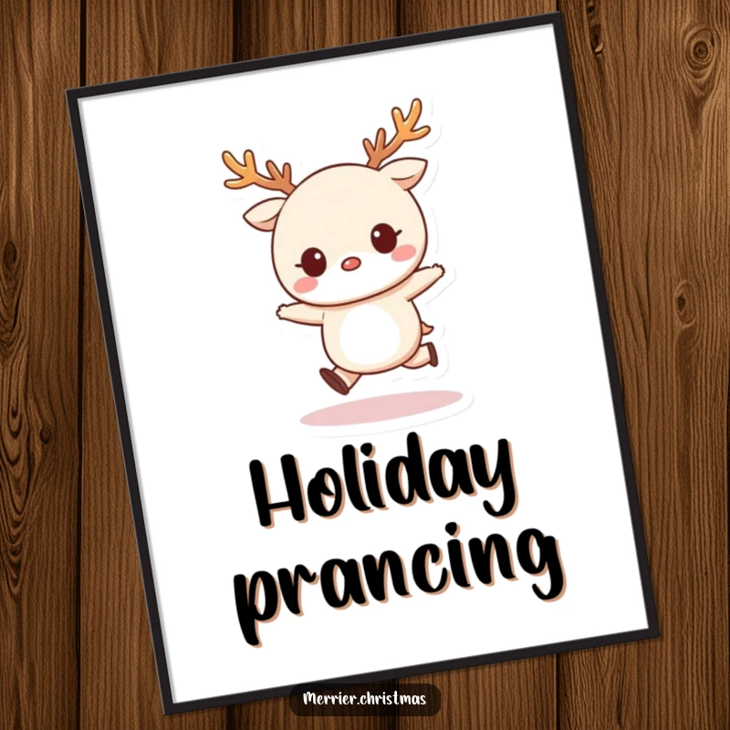 Funny Digital Art Print: a kawaii character wearing reindeer antlers and joyfully skipping, full of festive cheer.