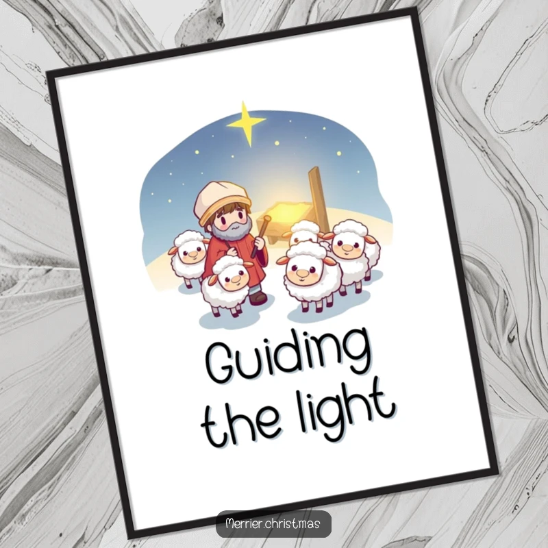 Funny Kawaii Shepherd Digital Art Print: Cute cartoon shepherd guiding fluffy sheep, a heartwarming and humorous illustration for digital wall art.