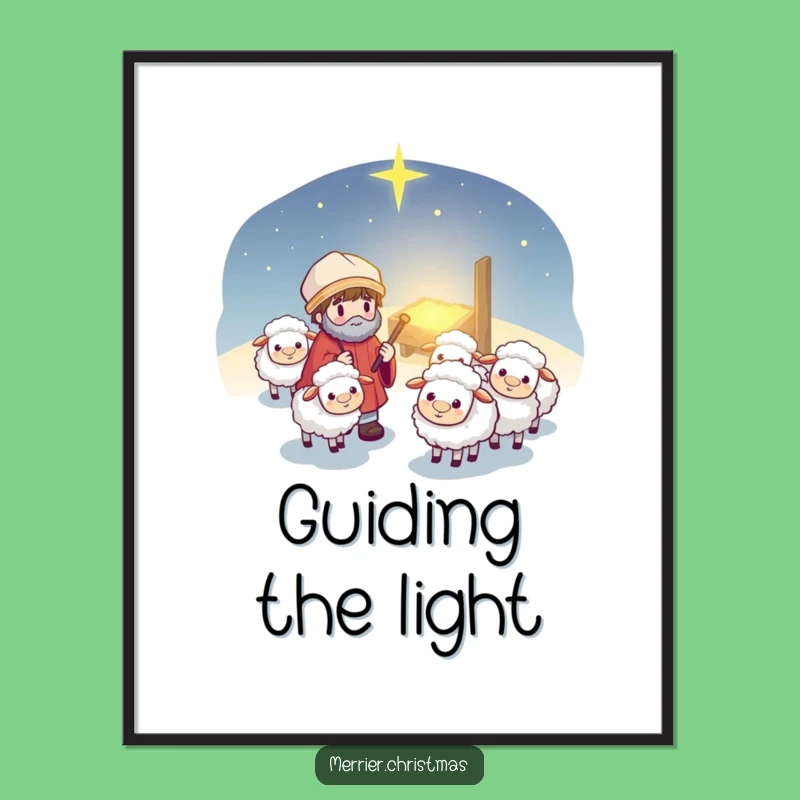 Funny Kawaii Shepherd Digital Art: Cute Cartoon Guiding Sheep Print, Gift Vibe