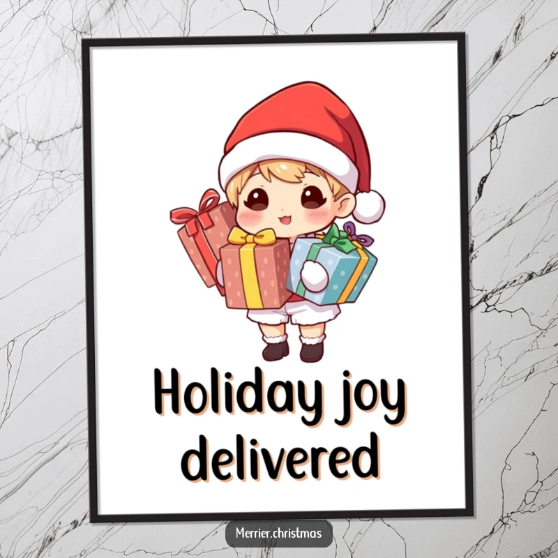 Funny digital art print of a character in a Santa hat holding many brightly wrapped gifts, perfect for adding festive holiday wall decor.