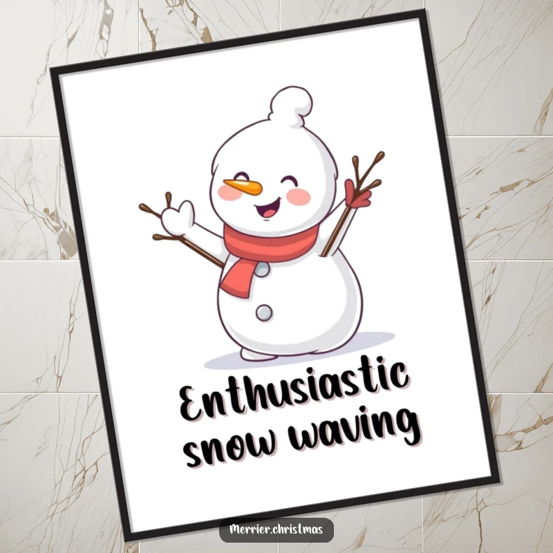 Funny digital art print of a cheerful snowman character waving its twig arm, radiating pure frosty friendliness and winter delight.