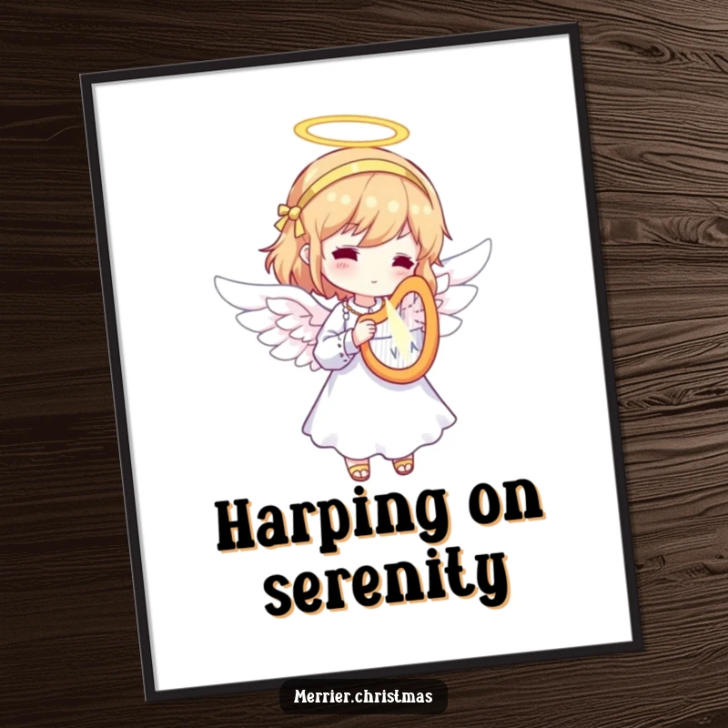 Funny Angel Harp Digital Art Print of a character dressed as an angel, playing a tiny, radiant harp, perfect for divine and humorous wall art.