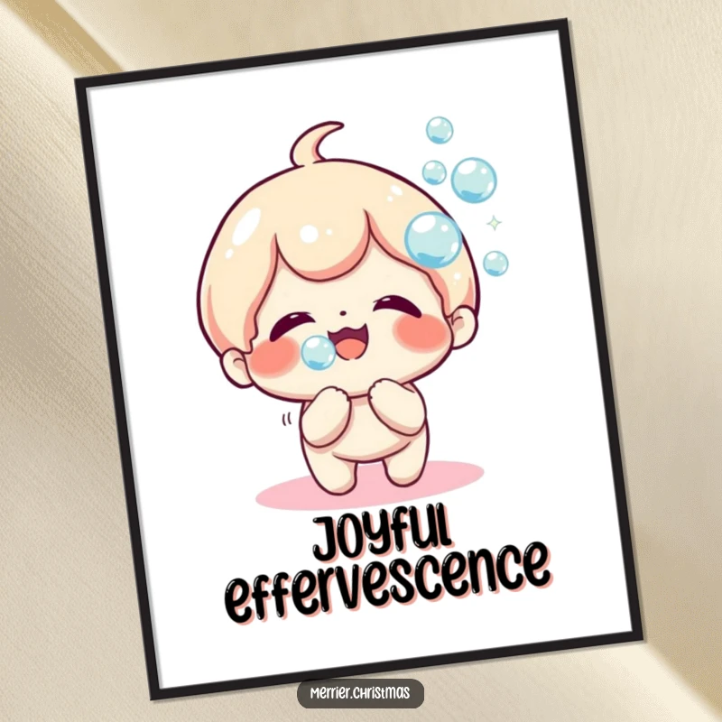 Funny Digital Art Print: a kawaii character joyfully blowing a stream of sparkly, iridescent bubbles, full of happiness.