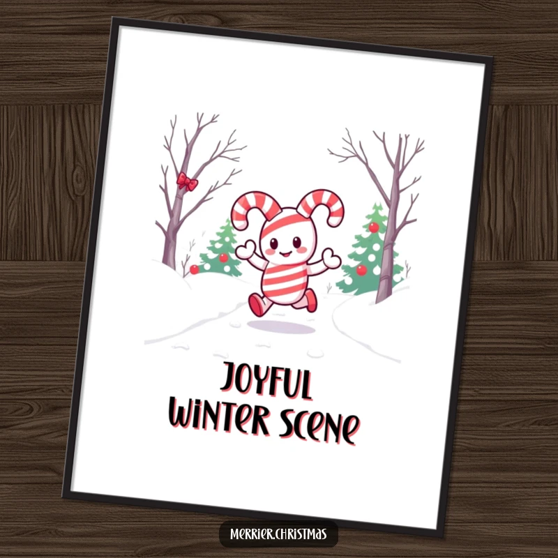 Funny digital art print of a kawaii candy cane character hopping merrily down a snowy path, capturing the essence of winter holiday joy.