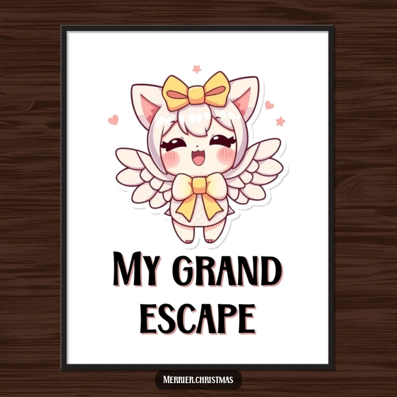 Funny gift bow digital art print, a character with a gift bow enthusiastically sprouting wings, radiating whimsical inspiration.