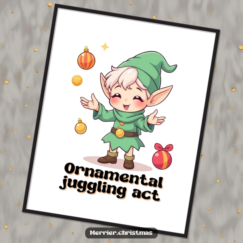 Funny digital art print of an exuberant elf character caught mid-juggle with shiny Christmas ornaments, radiating pure holiday happiness.