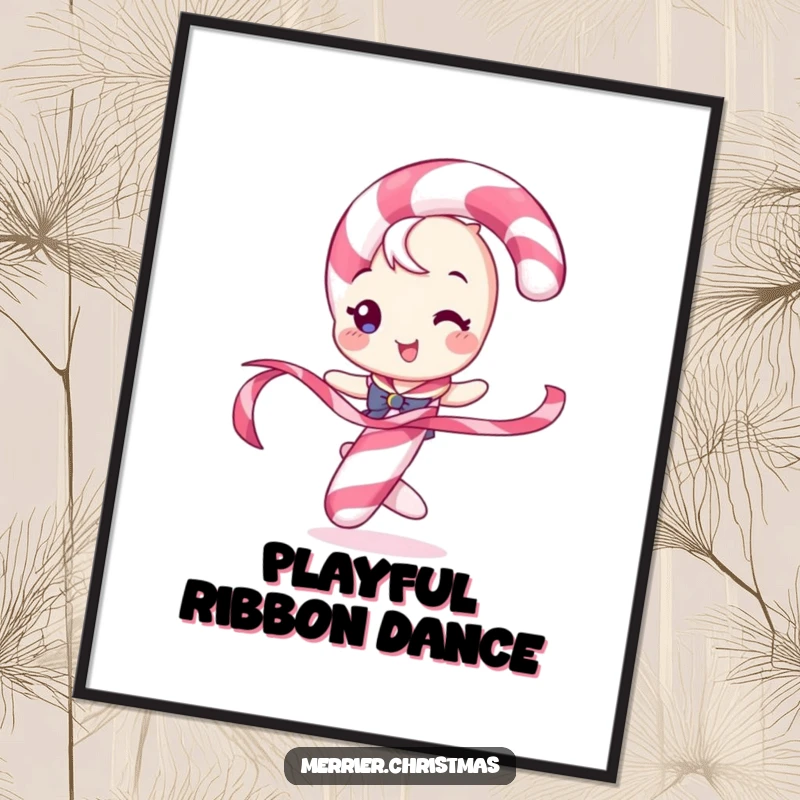 Funny digital art print of a candy cane character playfully twirling a ribbon, embodying holiday fun and sweetness.