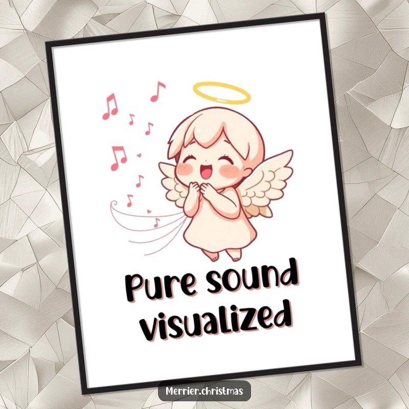 Funny kawaii angel digital art print of a singing angel with a joyful expression and music notes, great for instant, peaceful display.